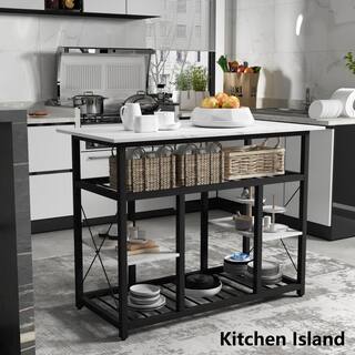 47.2 in. Faux Marble White Multifunctional Counter Height Kitchen Dining Kitchen Island Kitchen Rack with Large Worktop TM-CYWF-7AAK