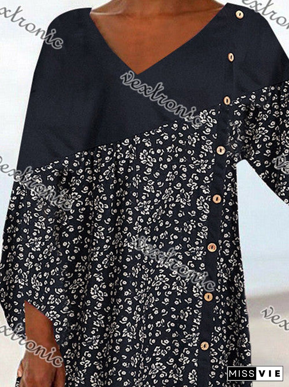 Women Irregular Long Sleeve V-neck Floral Printed Button Top Dress