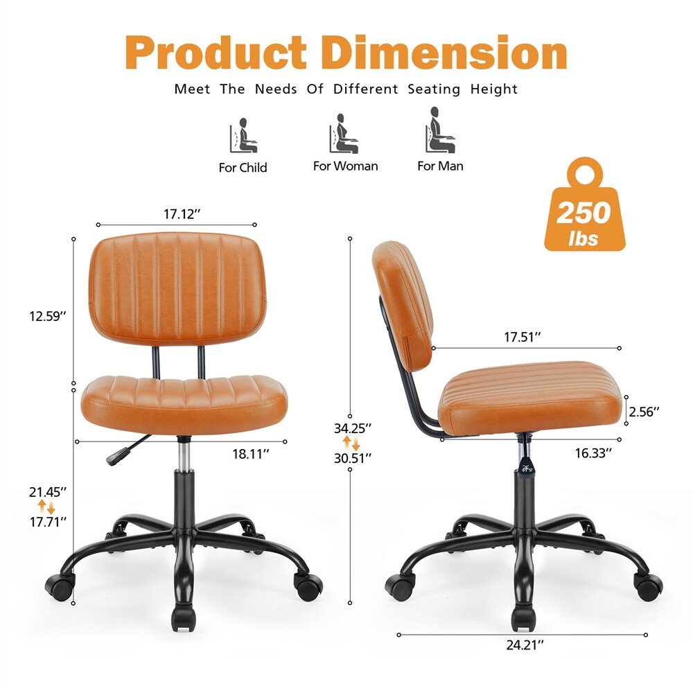 Height Adjustable Leather Low Back Home Office Chair with Wheels   N/A