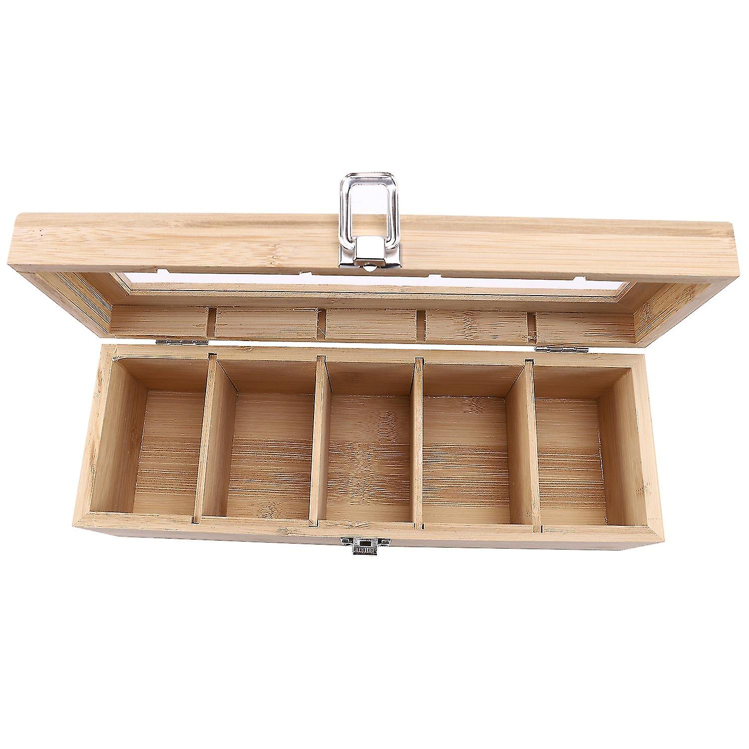 Bamboo System Tea Bag Jewelry Organizer Storage Box 5 Compartments Tea Box Organizer Wood Sugar Pac