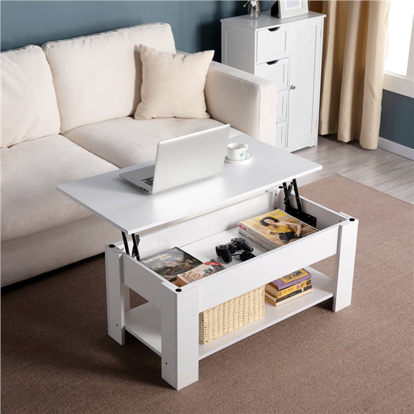 Easyfashion Modern Wood Lift up Top Coffee Table with Storage Shelf, White Finish