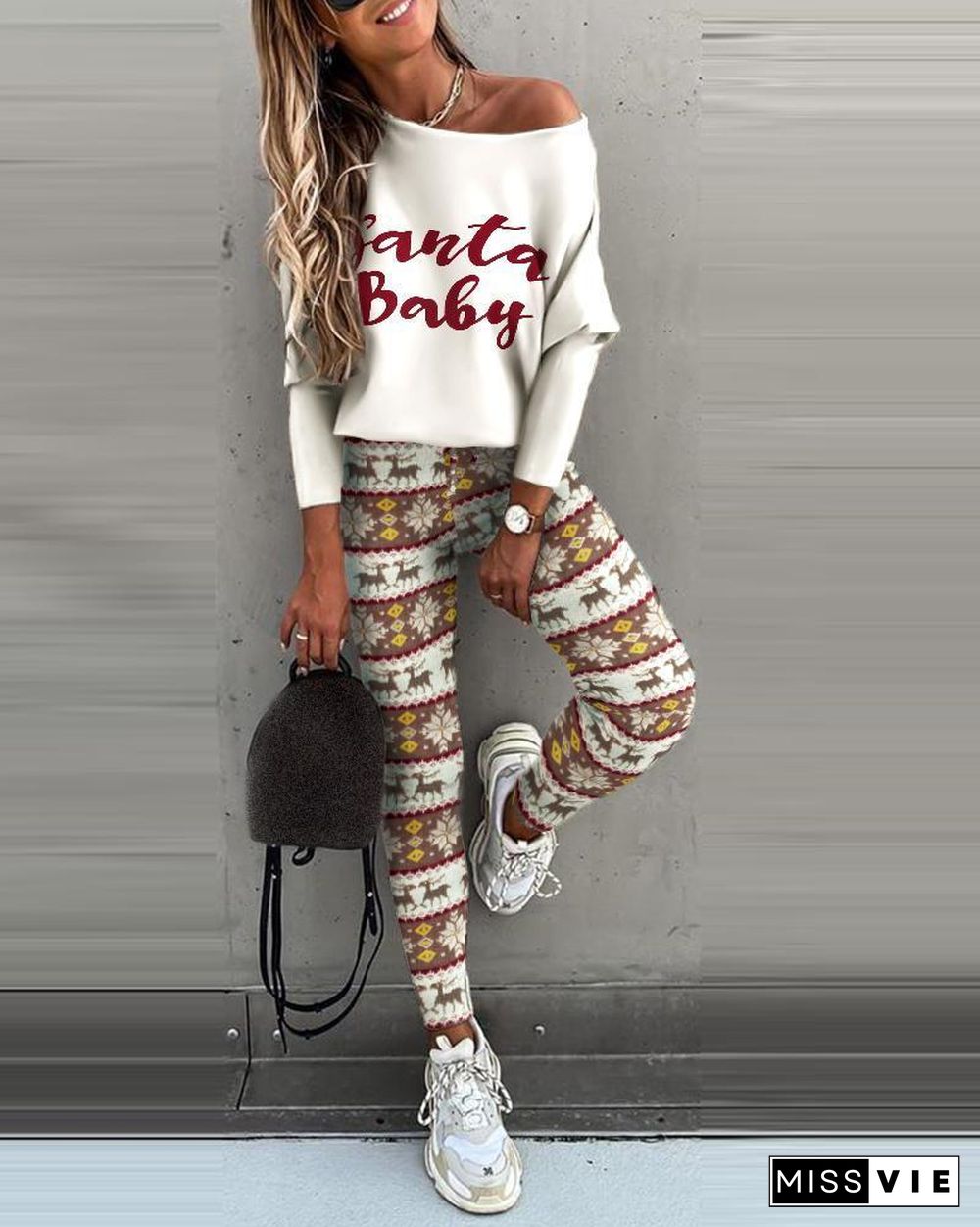 Christmas Letter Print Long Sleeve Top & High Waist Pants Set P10802