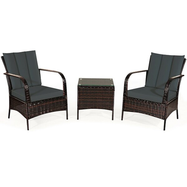 Costway 3 PCS Patio Wicker Rattan Furniture Set Coffee Table and 2