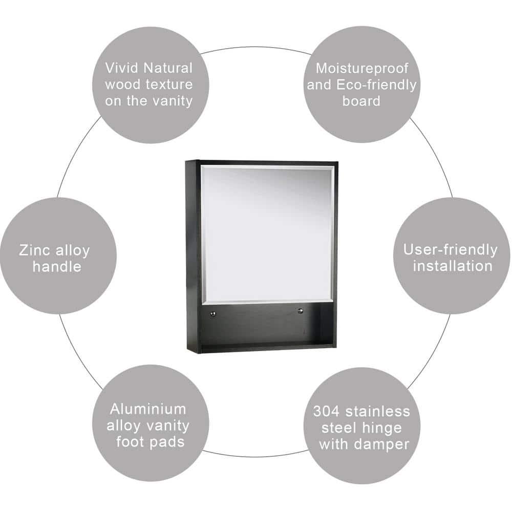 eclife 22 in W x 28 in H x 6 in D Black Wood Wall Surface Mount Medicine Cabinet with Mirror with 2Adjustable Shelves