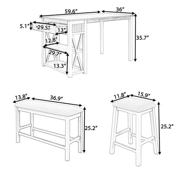 4-Piece X-Design Wood Counter Height Dining Table Set with Upholstered StoolandBench， Kitchen Dining Set with 2 Drawerand2 Shelf