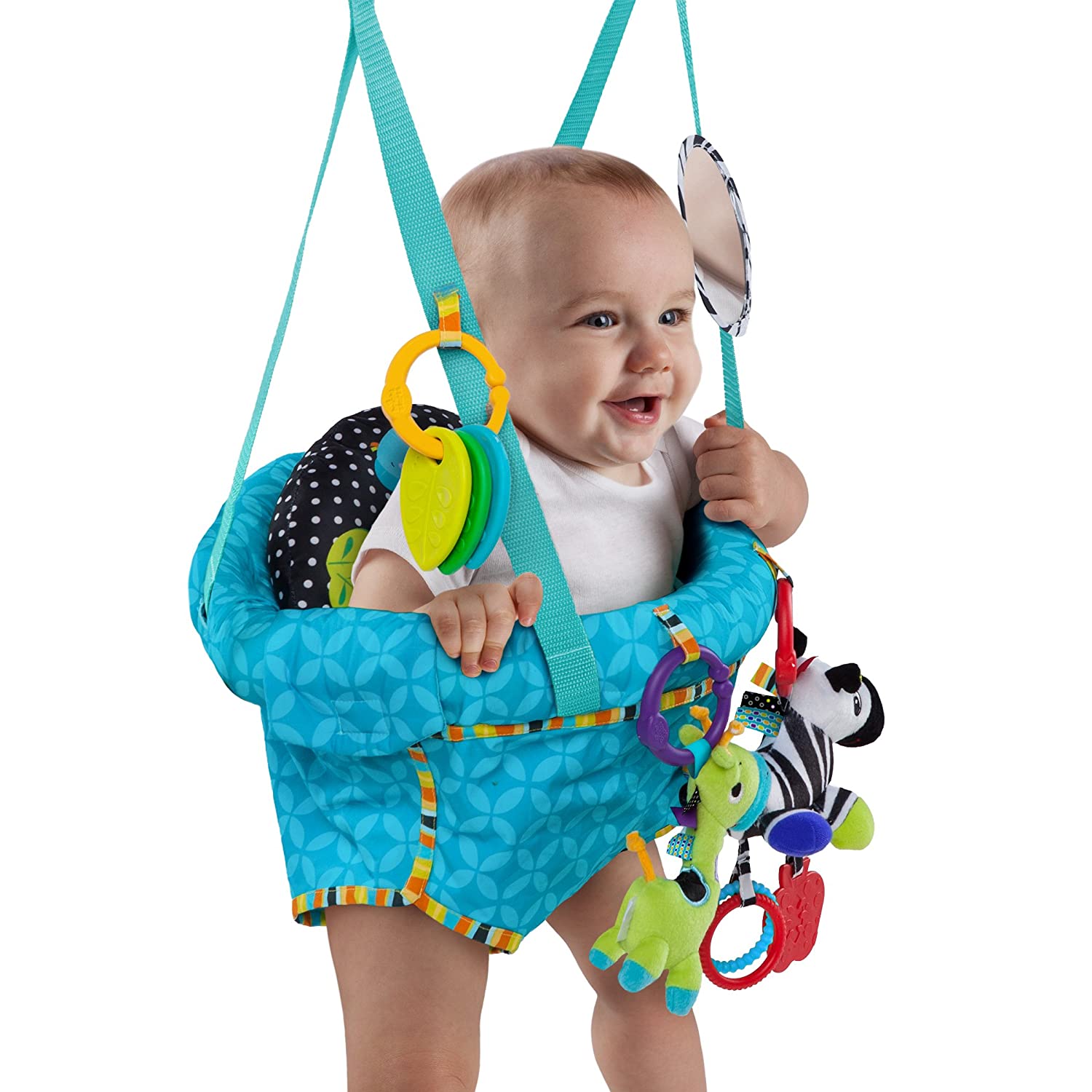 Bright Starts Bounce 'N Spring Deluxe Door Jumper with Take-Along Toys， Ages 6 months +， Blue