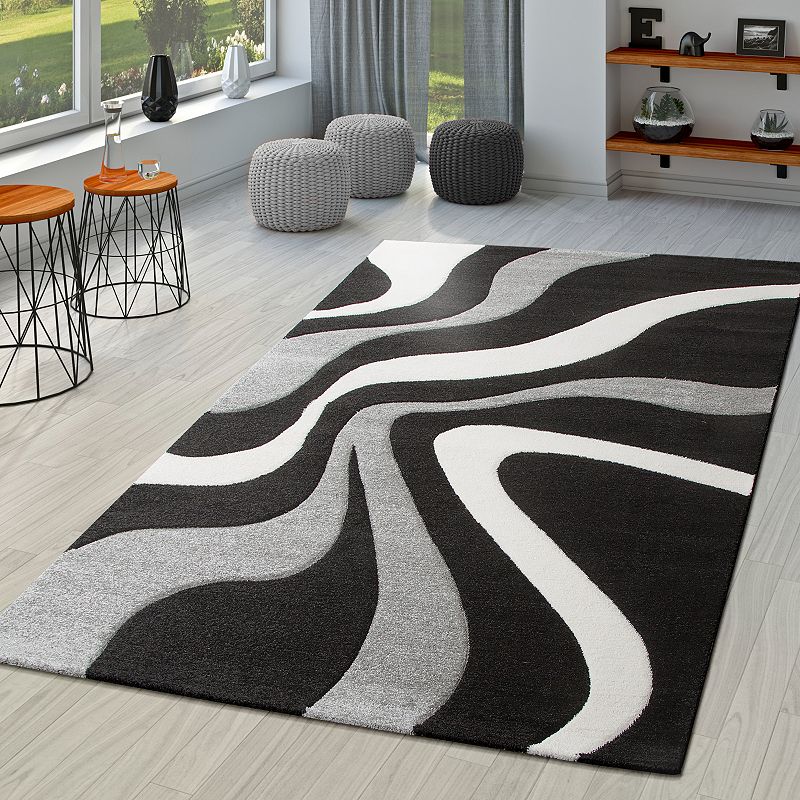 Designer Rug with Contour Cut and Modern Wave Pattern