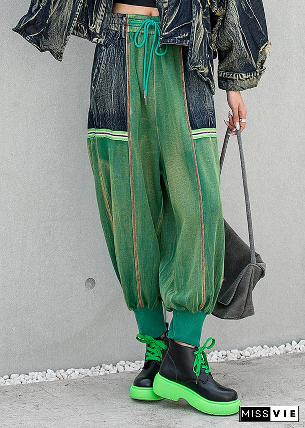 Stylish Green Pockets Patchwork Drawstring Harem Pants Spring