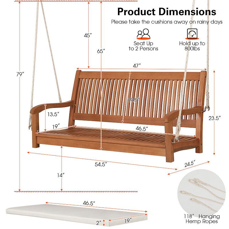 2-Person Hanging Porch Swing Wood Bench with Cushion Curved Back