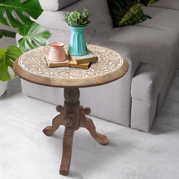 Intricately Carved Round Top Mango Wood Side End Table with Pedestal Base， Brown and White