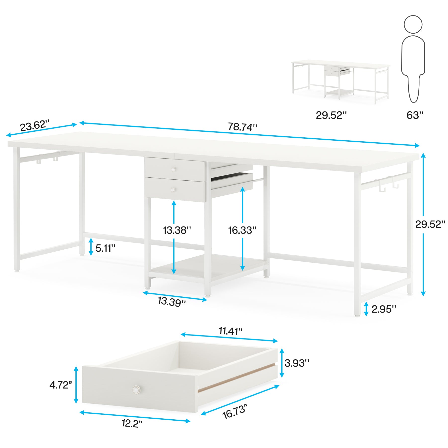 Industrial Two Person Desk, 78’’ Double Computer Desk with Drawers