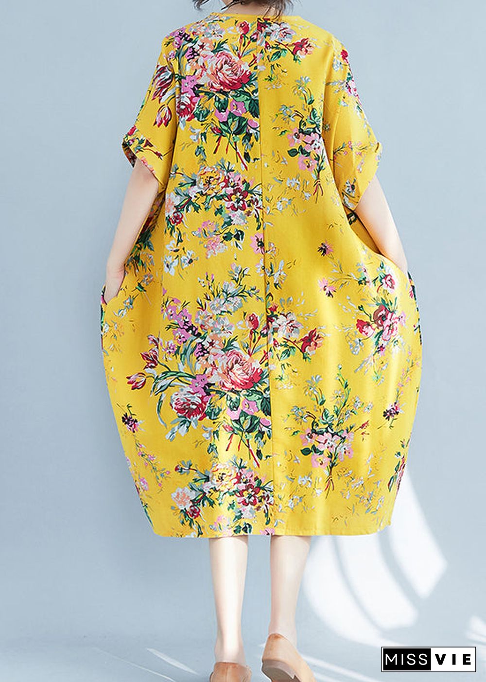 Plus Size Yellow O-Neck Print Cotton Holiday Dress Summer