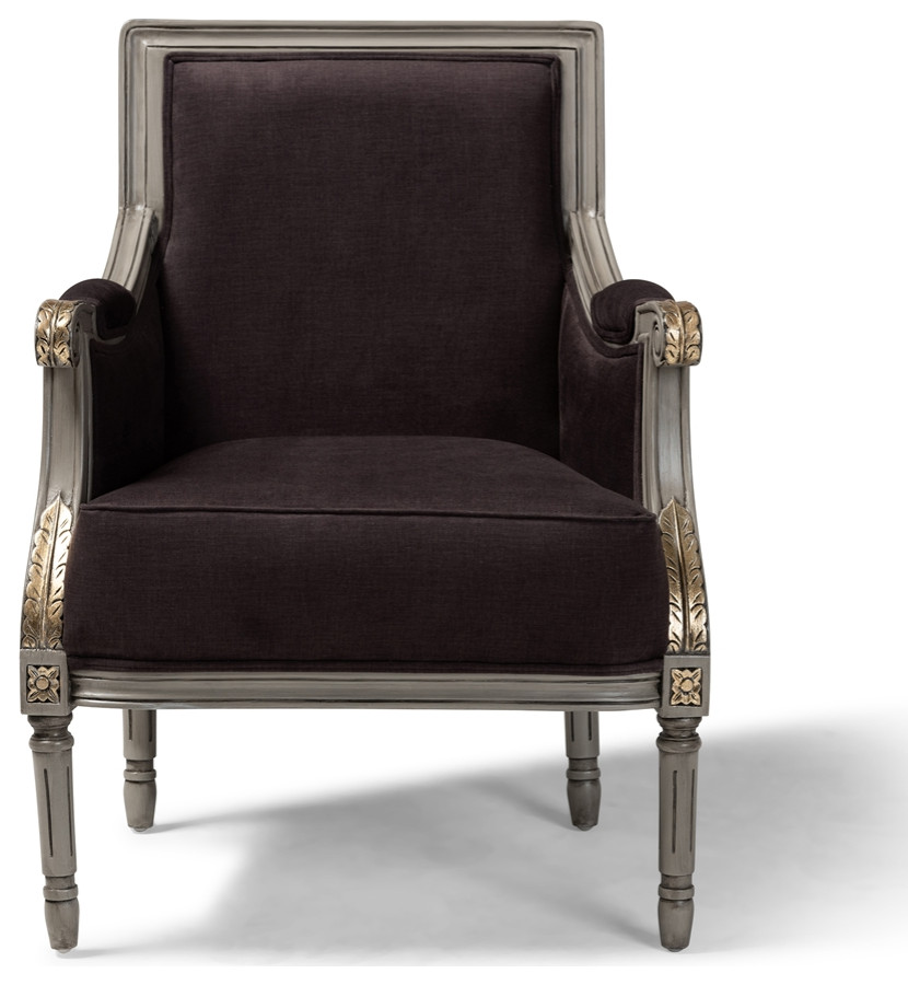 Classic French Inspired Brown Velvet Upholstered Grey Finished Armchair   Traditional   Armchairs And Accent Chairs   by Imtinanz  LLC  Houzz