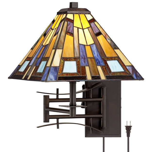 Robert Louis  Vintage Swing Arm Wall Lamp Plug in Light Fixture Jewel Tone Stained Art Glass For Bedroom Bedside Living Room Reading Home House