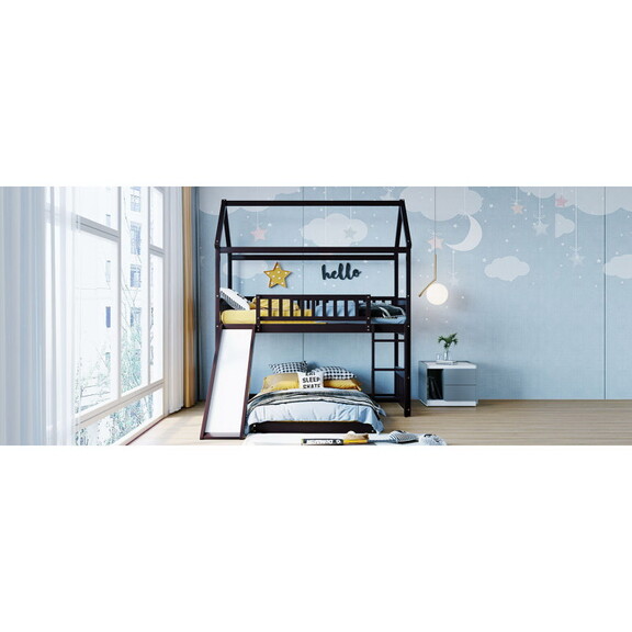 Twin over Twin Bunk Bed with Slide  House Bed with...