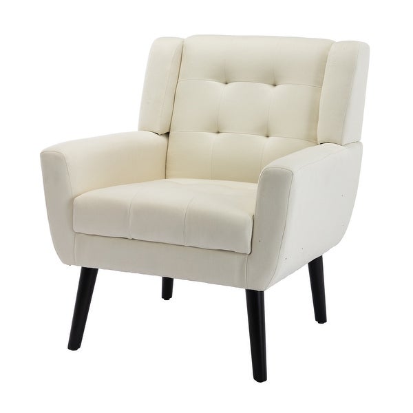 Modern Soft Linen Material Ergonomics Accent Chair With Tufted Back and Seat， Square Arms and Black Tapering Metal Legs