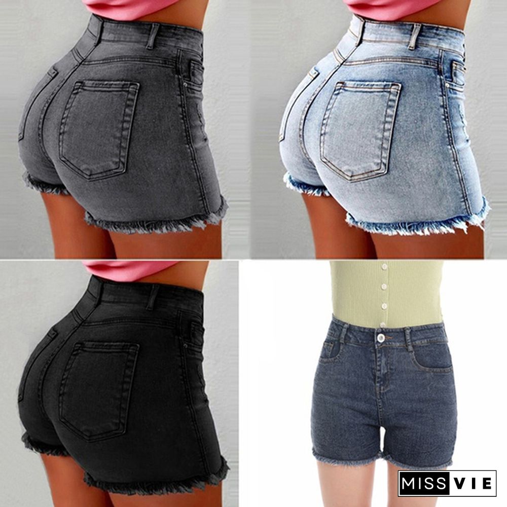 New Summer Women's Fashion Causal Stretchy Denim Shorts Jeans High Waist Beach Shorts Washed Jeans Pants