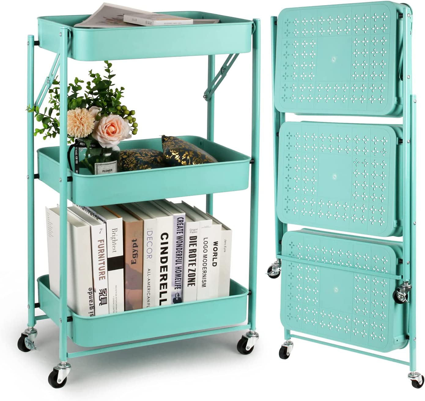 Todeco 3 Tier Foldable Plastic Rolling Storage Utility or Kitchen Cart，Folding Mobile Trolley Storage Organizer with Wheels for Office Bathroom Bedroom，Free Assembly，Green