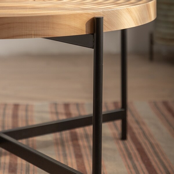 Modern Thread Design Round Coffee Table or End Table， MDF Table Top with Cross Legs Metal Base