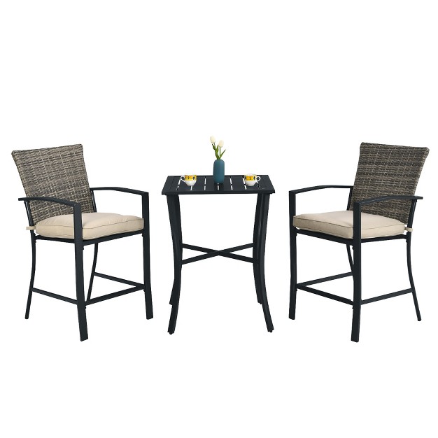 3pcs Patio Rattan Bar Furniture Set Slat Table 2 Cushioned Stools Poolside Gray