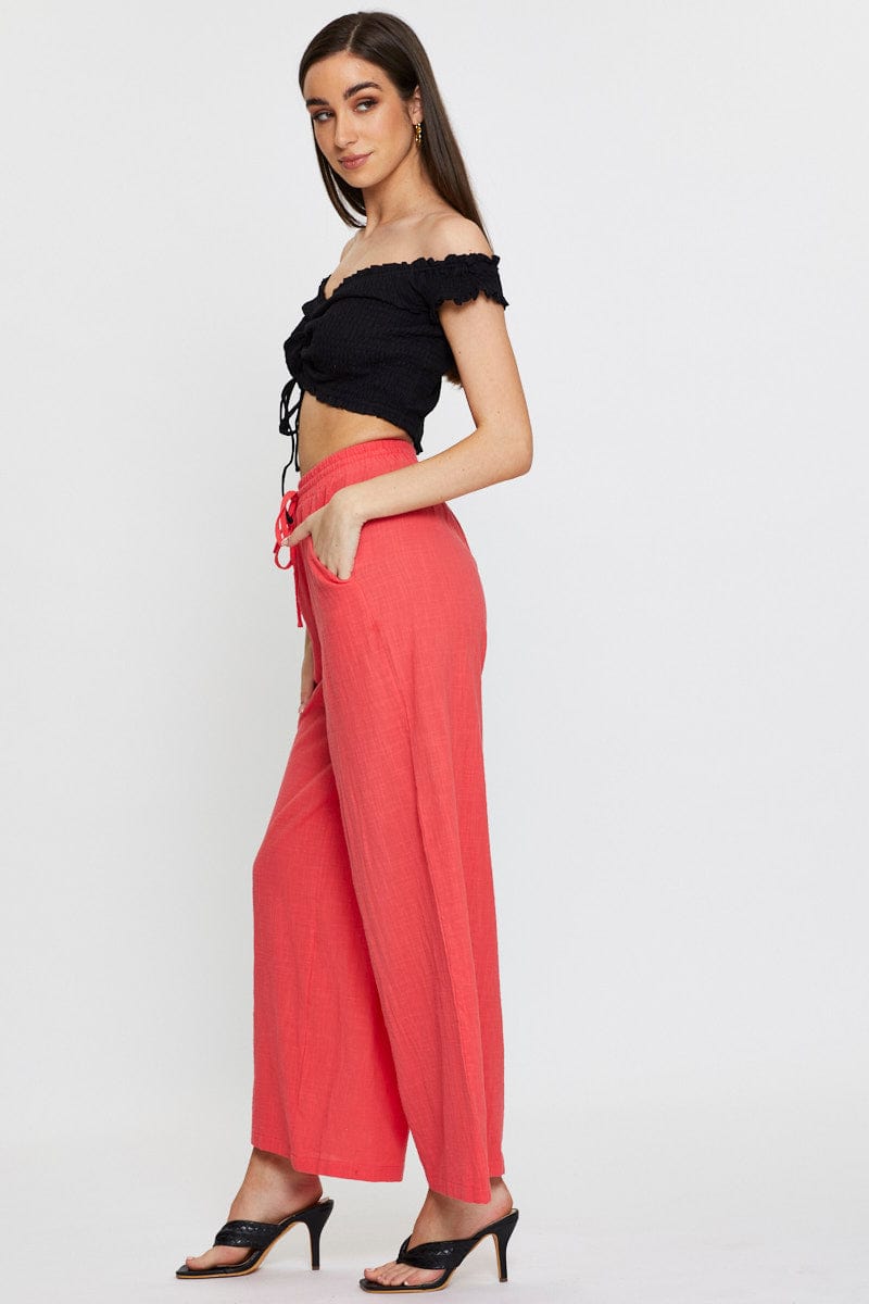 Pink Wide Leg Pants Elastic Waist