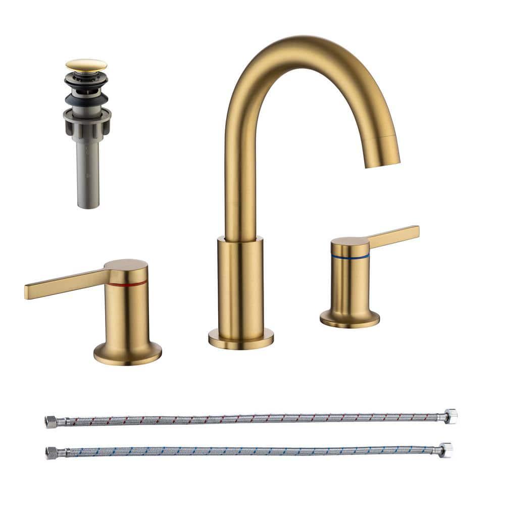 RAINLEX 8 in Widespread Double Handle Bathroom Faucet with Drain Assembly in Brushed Gold