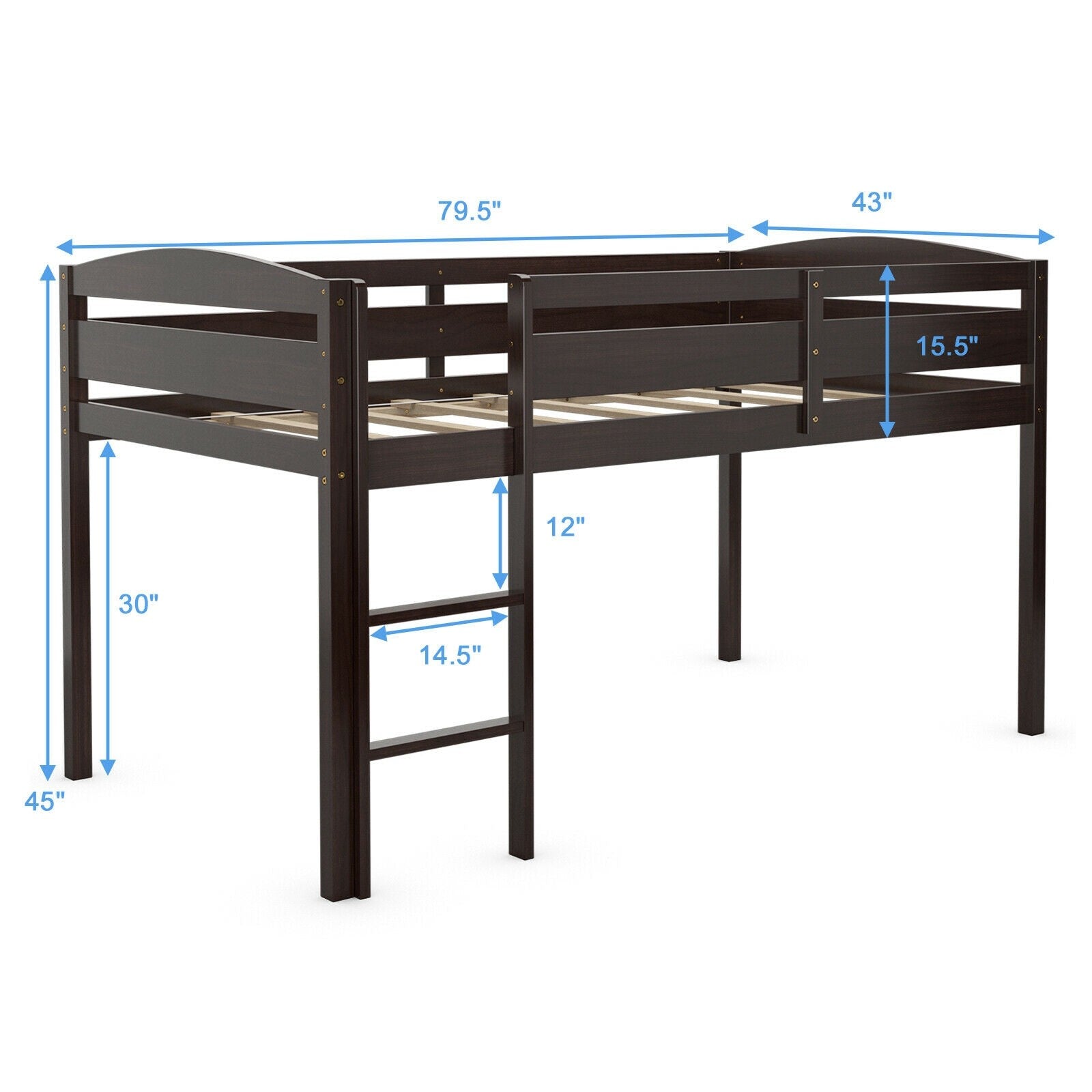 Costzon Loft Bed Twin, Classic Wood Low Loft Bed w/Guard Rail & Ladder, Kids Loft Bed for Boys