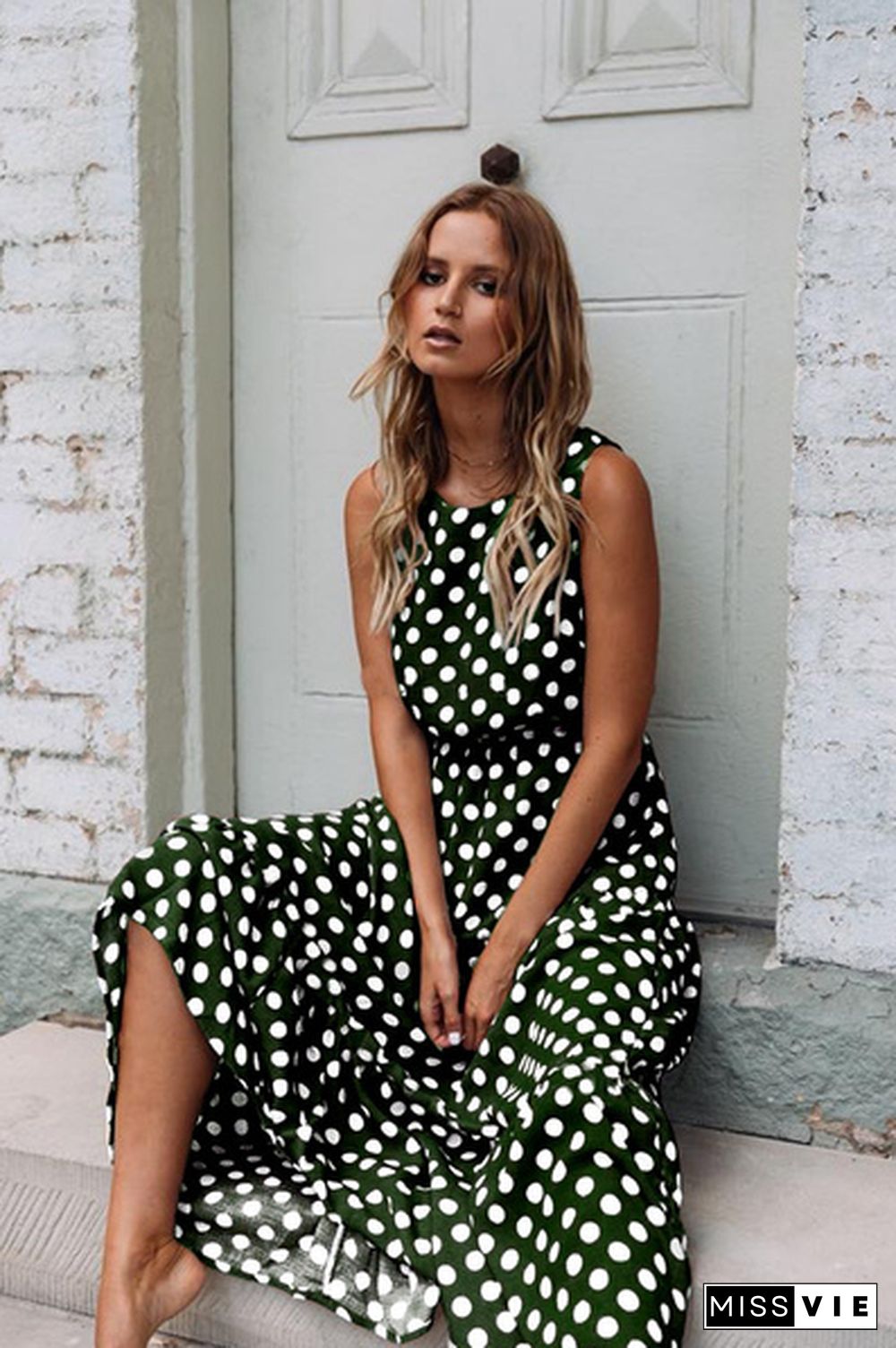 Summer Women New Fashion Sleeveless Polka Dot Maxi Dresses High Waist Casual Beach Long Dress