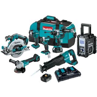 Makita 18V 5.0Ah LXT Brushless 7-Piece Kit(Hammer Driver-Drill Impact Driver ReciproSaw Circ Saw Grinder Radio Light) XT707PT