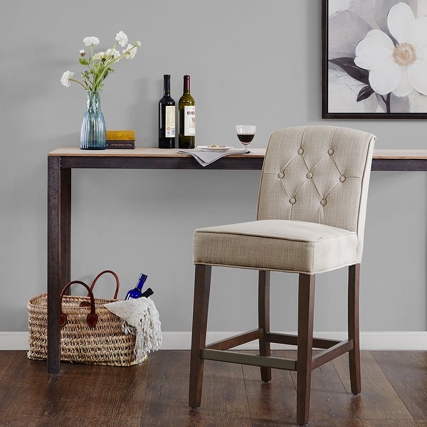 Marian Wood Counter Stool Fabric Cushioned Seat Dining Chair in Tan