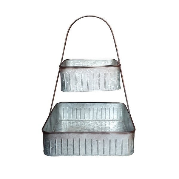 2 Tier Square Galvanized Metal Corrugated Tray with Arched Handle， Gray - 19 H x 13 W x 13 L Inches