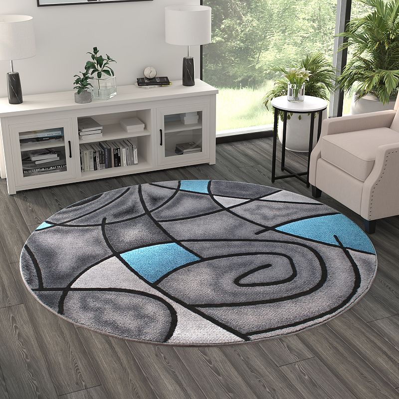 Masada Rugs Masada Rugs Trendz Collection 5'x5' Round Modern Contemporary Round Area Rug in Blue， Gray and Black