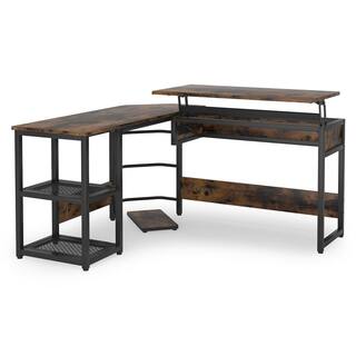 Tribesigns Lantz 59 in. L Shaped Rustic Brown Wood and Metal Computer Standing Desk with Lift Top and Storage Shelves TJHD-QP-1273