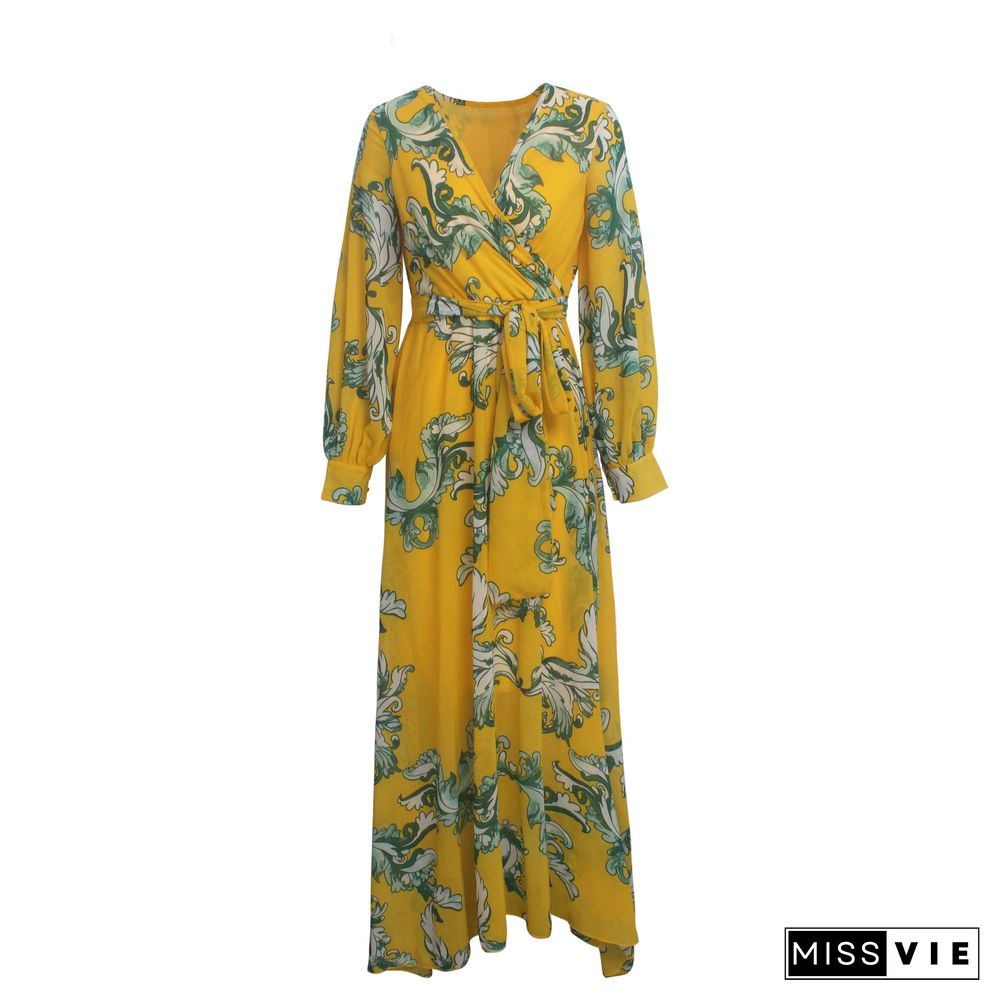 Floral Print Chiffon V-Neck Long Sleeve Sashes Dress