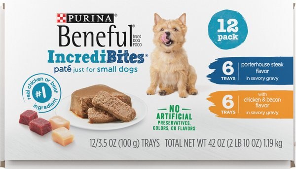 Purina Beneful IncrediBites Chicken and Bacon and Porterhouse Steak Variety Pack Pate Small Wet Dog Food， 3.5-oz can， case of 10