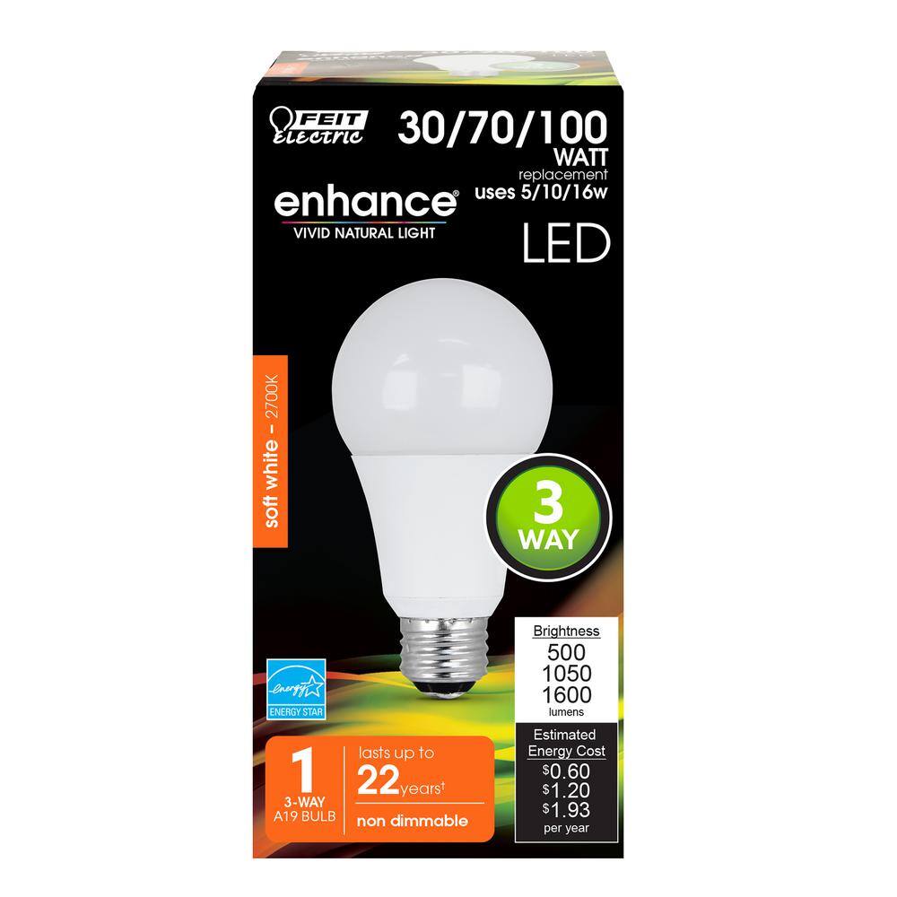 Feit Electric 3070100-Watt Equivalent Soft White (2700K) A19 CEC Title 20 Compliant LED 3-Way 90+ CRI Light Bulb A30100927CA