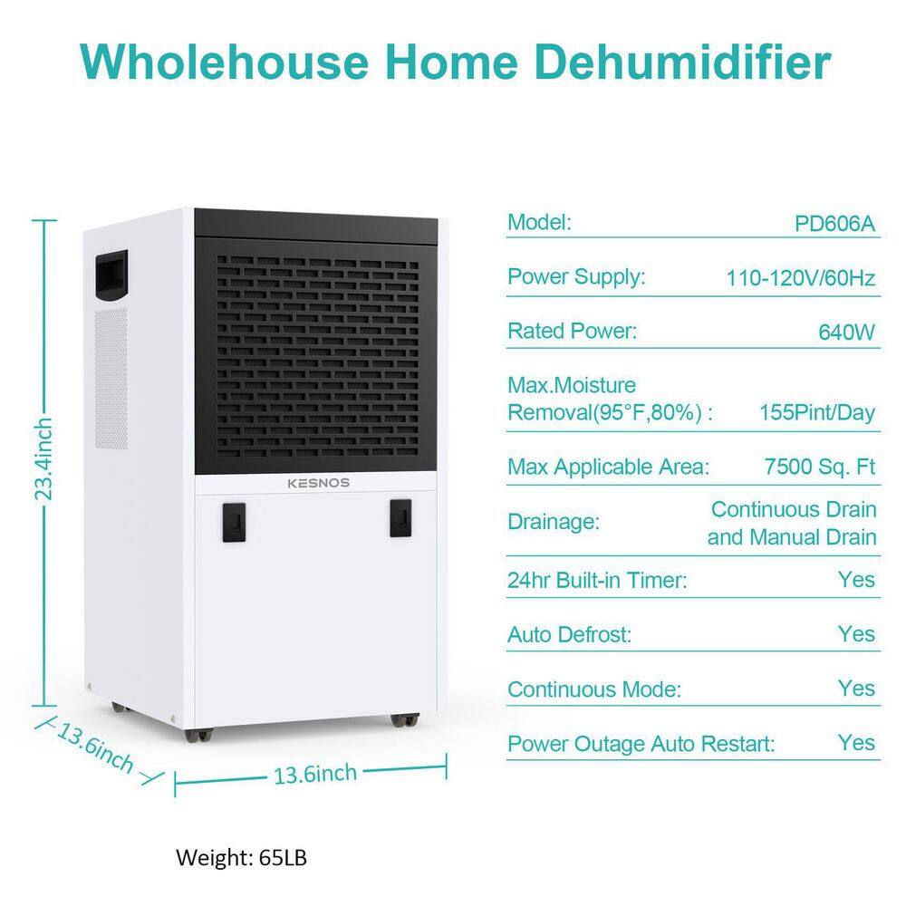 Kesnos 155 Pint Commercial Dehumidifier With 6.56 Ft. Drain And Bucket For 75000 Sq. Ft. Of Commercial Space And Workplace HDCX-PD606A