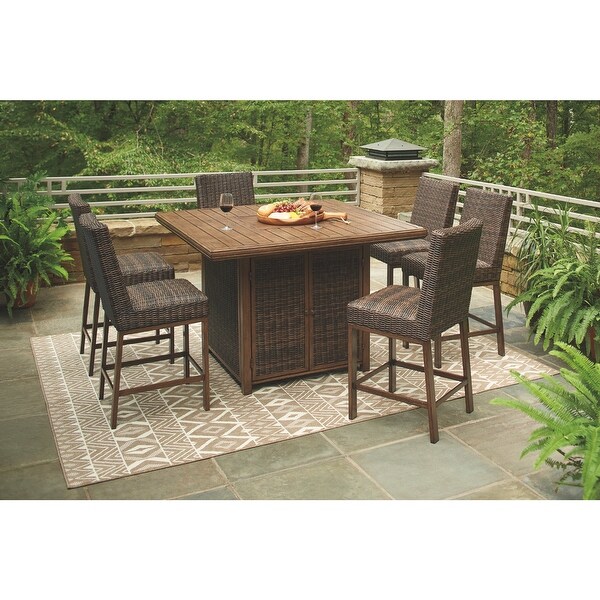 Signature Design by Ashley Paradise Trail Outdoor Medium Brown Square Bar Table with Fire Pit