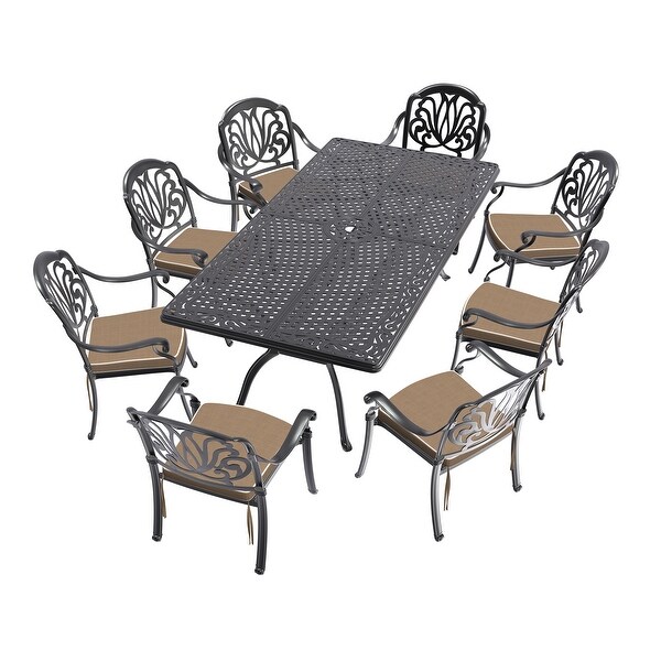 7/9Piece Cast Aluminum Outdoor Dining Set with 82.68'' L X 41.34'' W Rectangular Table and Random Color Seat Cushions