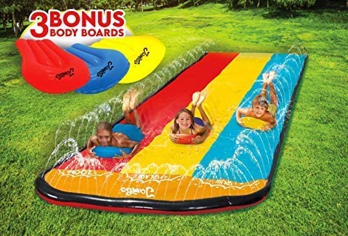 Intera Triple Lane Slip, Splash and Slide for Backyards | Water Splash Slide Waterslide with 3 Boogie Boards | 16 Foot Three Sliding Racing Lanes with Sprinklers | Durable Quality PVC Construction