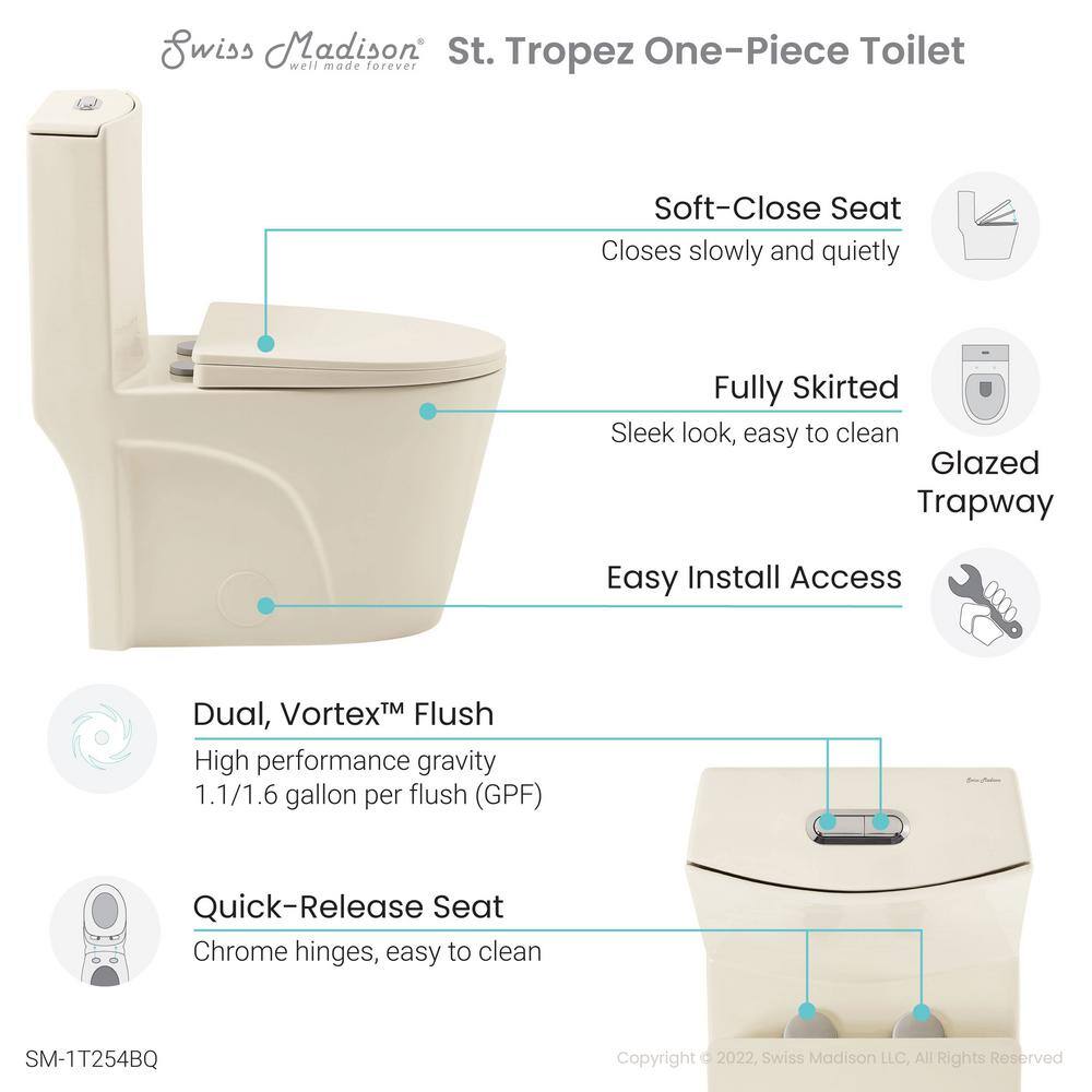 Swiss Madison St. Tropez 1-Piece 1.11.6 GPF Dual Flush Elongated Toilet in Bisque Seat Included SM-1T254BQ