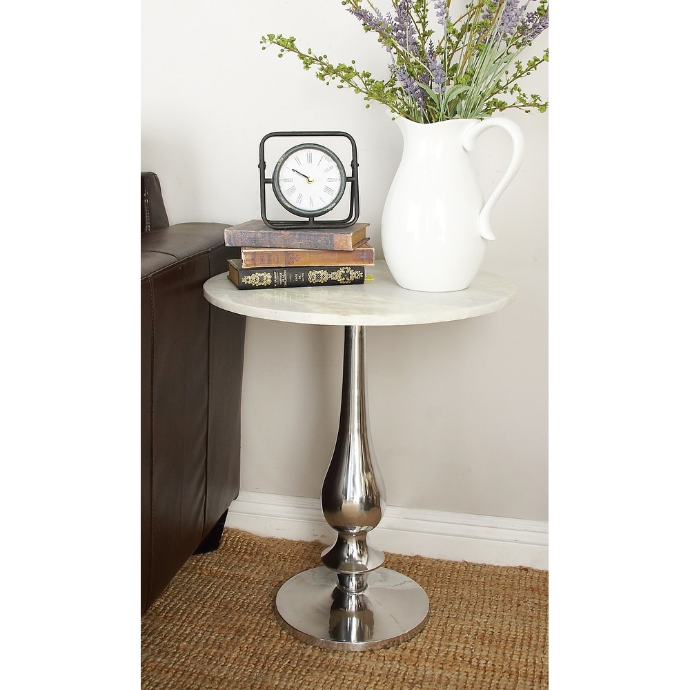 White Marble Accent Table with Silver Aluminium Base   20 x 20 x 24Round