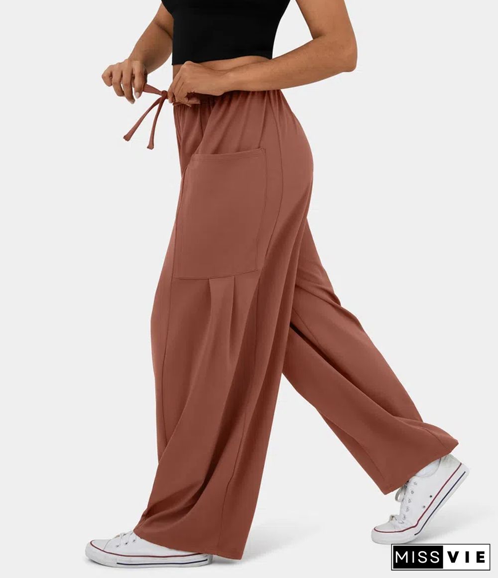 Mid Rise Elastic Waistband Drawstring Side Pocket Palazzo Flowy Wide Leg Casual Pants