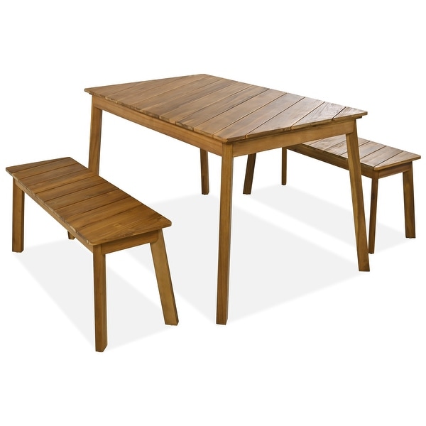 Modern 3Piece Acacia Wood Dining Set with 2 Benches