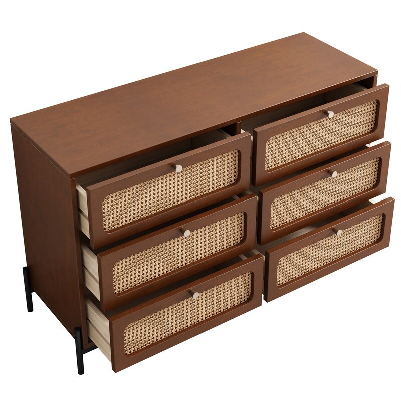 47'' Modern Solid Wood 6 Drawer Dresser with Rattan Decorative Doors (2 Colors）