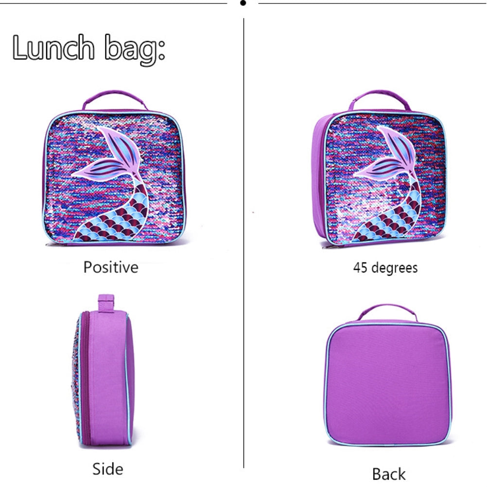 3 in 1 Kid Bookbags Set Girls Mermaid Sequins Backpack with Lunch Bag Pencil Case for School Outdoor Travel Camping Picnic