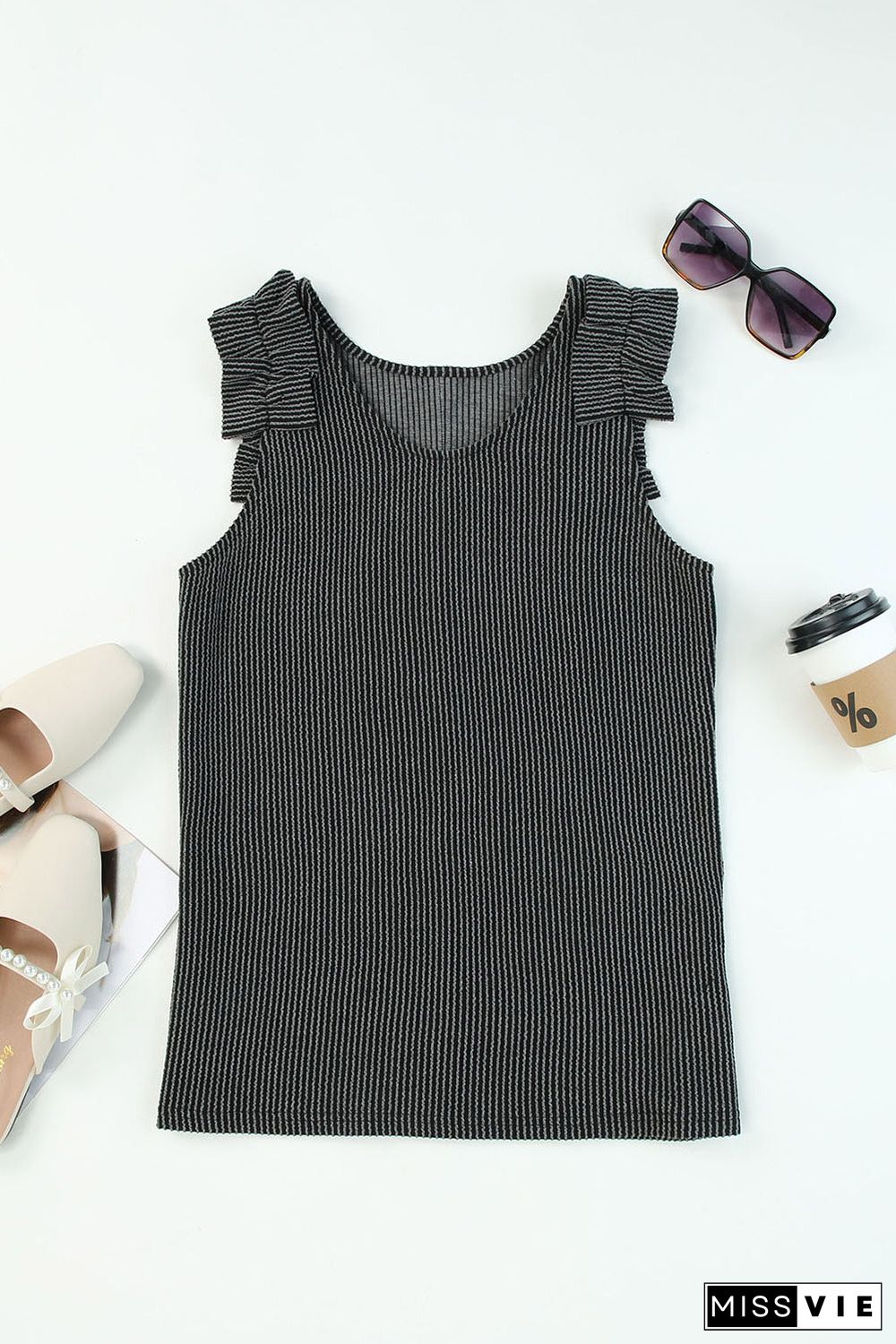 Gray Ruched Shoulders Ribbed Knit Tank Top