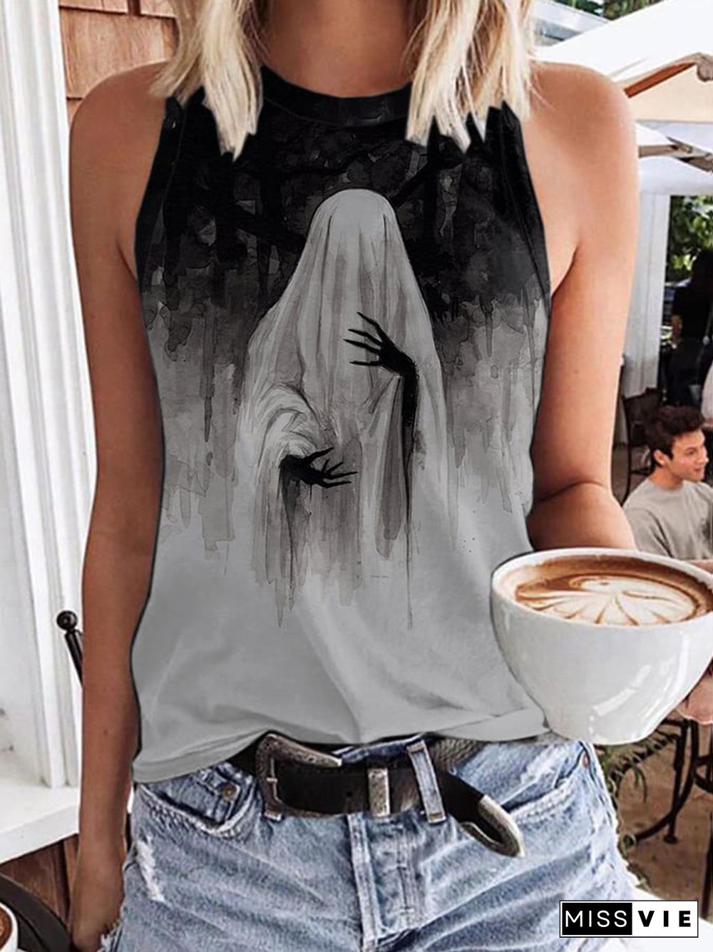 Women's Vintage Ghost Art Print Sleeveless Tank Top