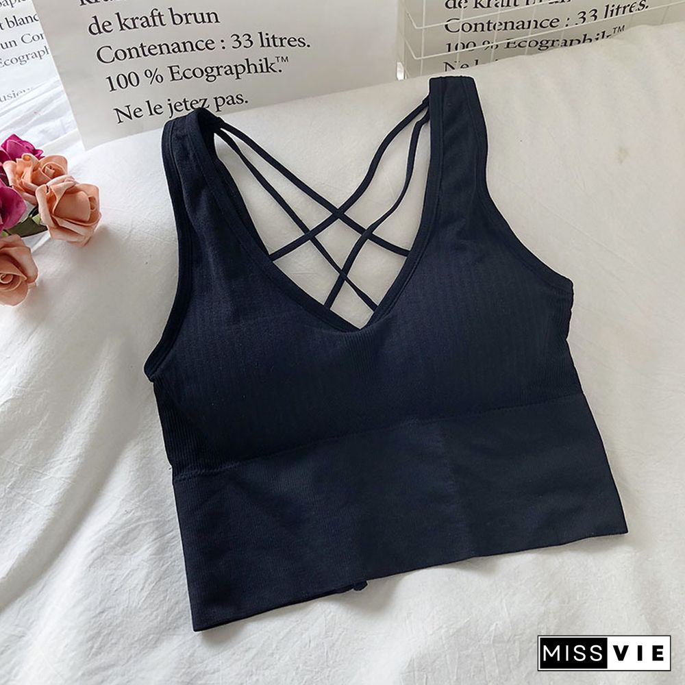 Pearl Diary Bra Tops Summer V Neck Rib Crop Tank Top With Detachable Bra Pads Sleevelss Solid Color Backless Sporty Bra Top