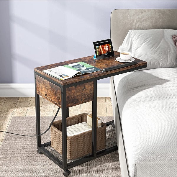 C Shaped Table with Outlet and USB Ports， Couch Side Table with Charging Station